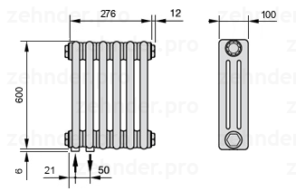 Схема (чертеж) Радиатор Zehnder Charleston 3060/6 №3370 Белый глянцевый RAL 9016